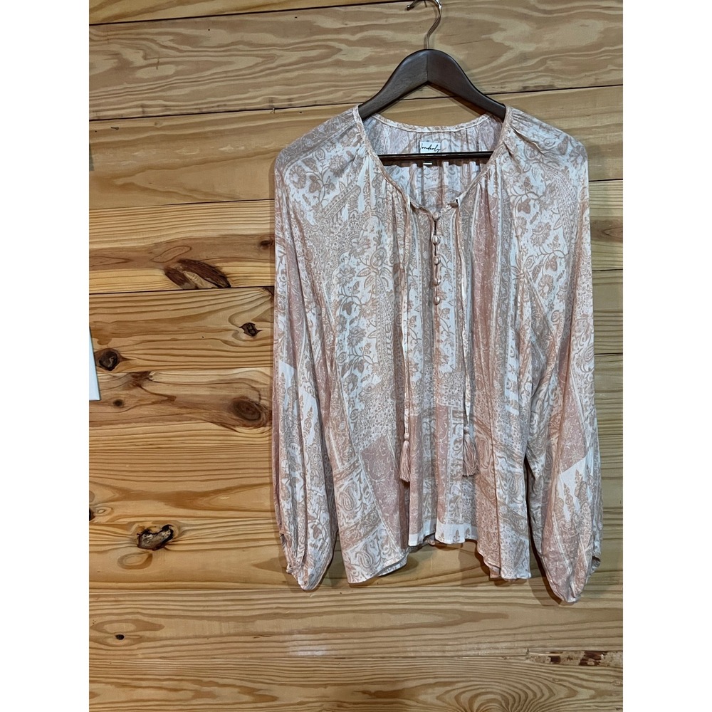 Wonderly Peach Paisley Boho Peasant Blouse Rayon Tassel Button Front Top Large